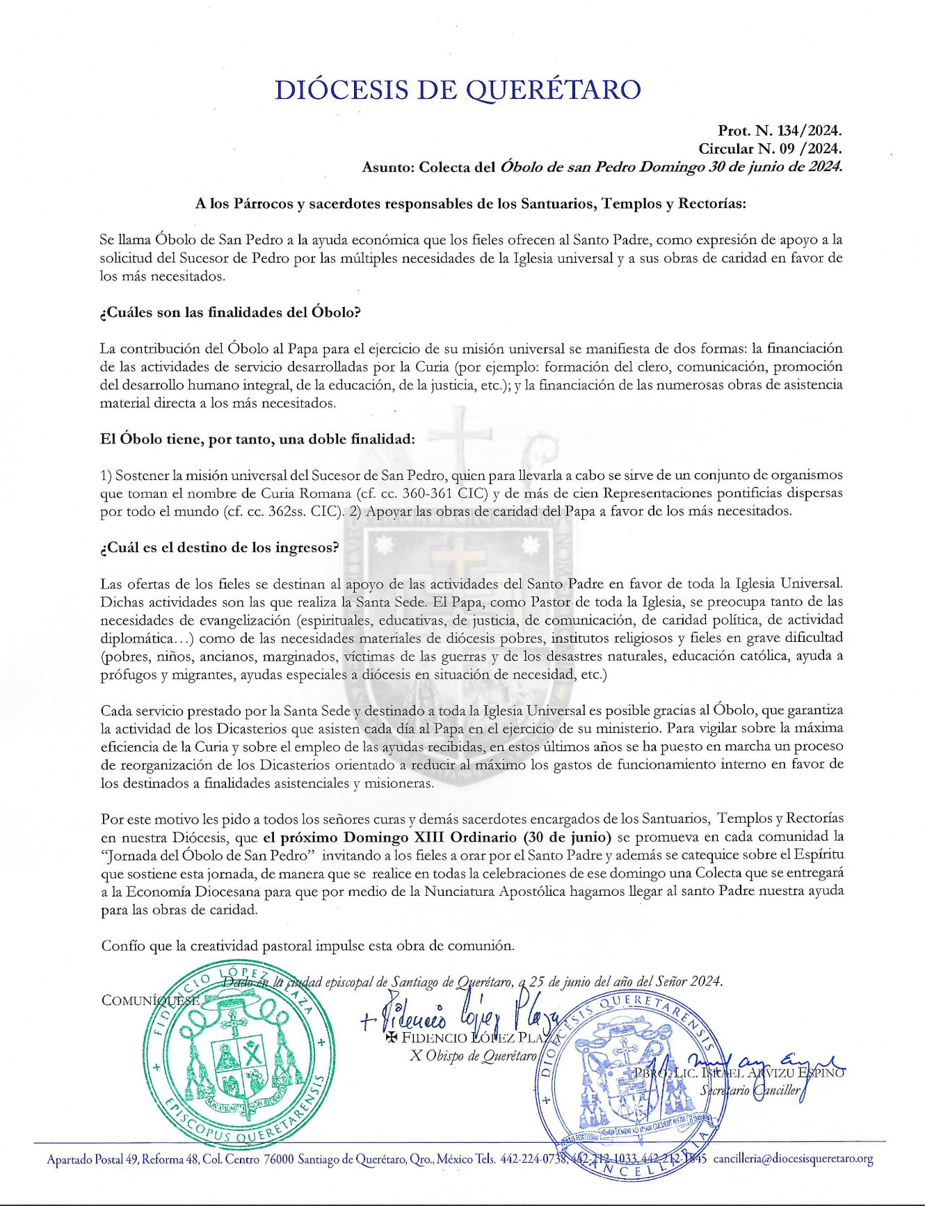 CIRCULAR N. 09/2024 Prot. N. 134/2024. Asunto: Colecta del Óbolo de san Pedro. Domingo 03 de junio de 2024.